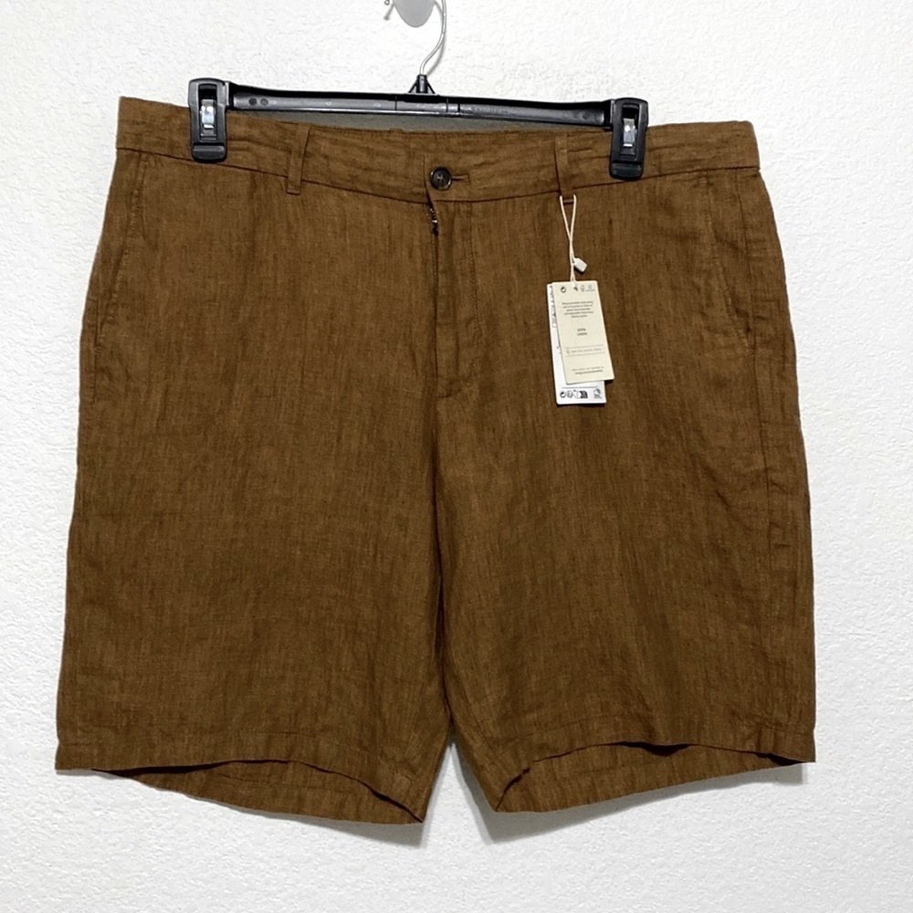 Mango “NEW” 100% Linen Brown Flat Front Bermuda Shorts With Pockets Size 38